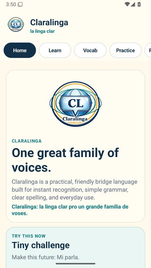 Claralinga app home screen with challenge card