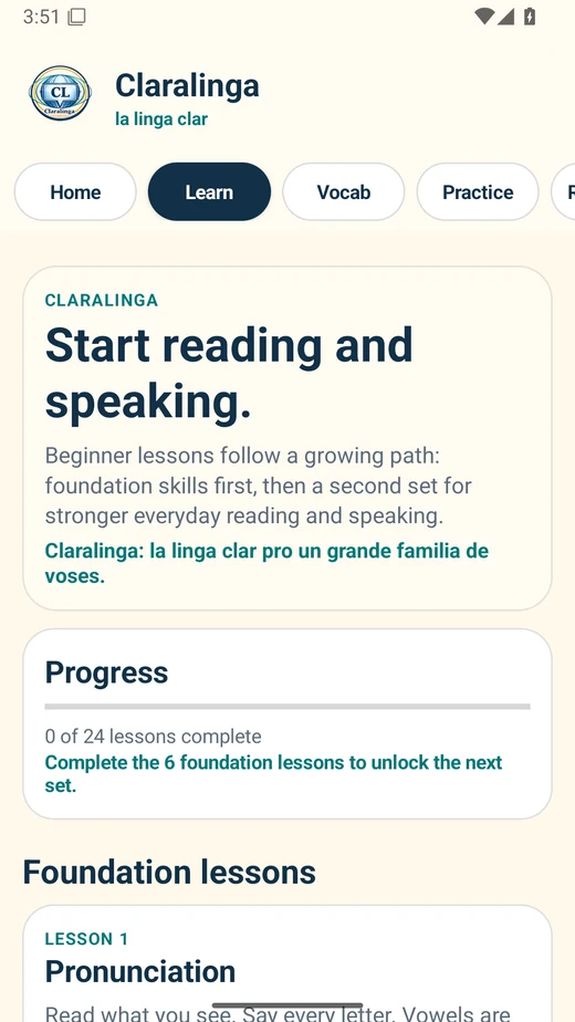 Claralinga app learn screen with foundation lessons